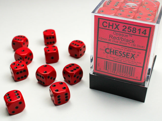 Opaque: Red/black 12mm d6 Dice Block (36)