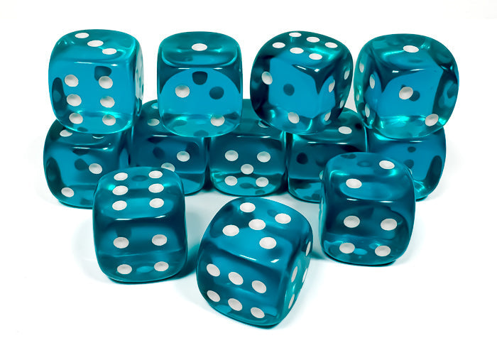 Translucent: Teal/white 16mm d6 Dice Block (12)