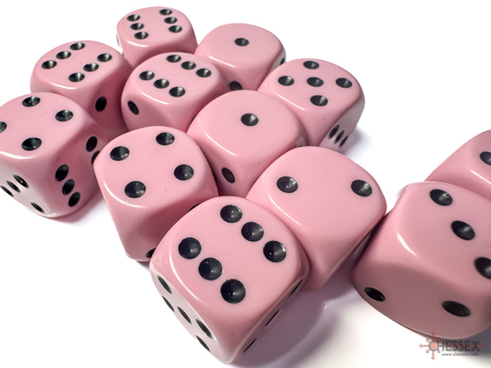 Opaque: 16mm d6 Pastel Pink/black Dice Block (12)