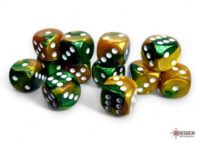 Gemini Gold-Green/White 16mm d6 Dice Block (12 dice)