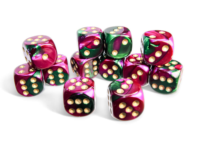 Gemini: 16mm d6 Green-Purple/gold (12)