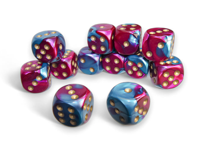 Gemini: 16mm d6 Purple-Teal/gold (12)
