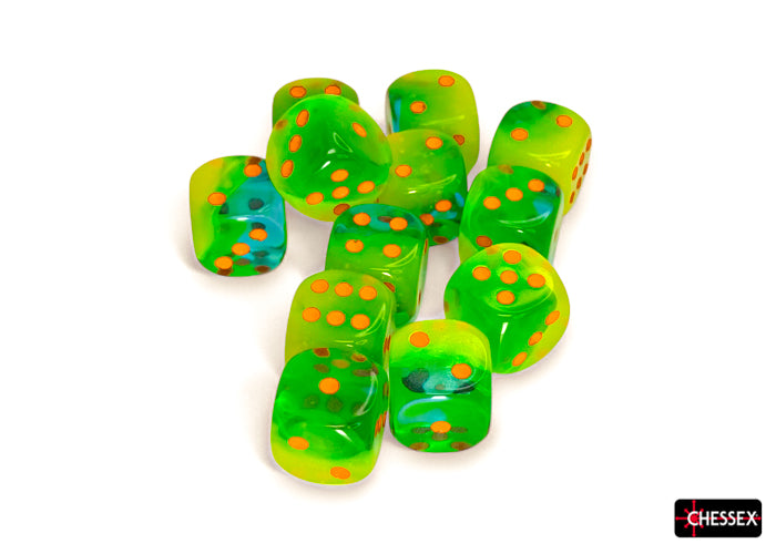 Gemini: 16mm d6 Plasma Green-Teal/orange Luminary Dice Block (12 dice)