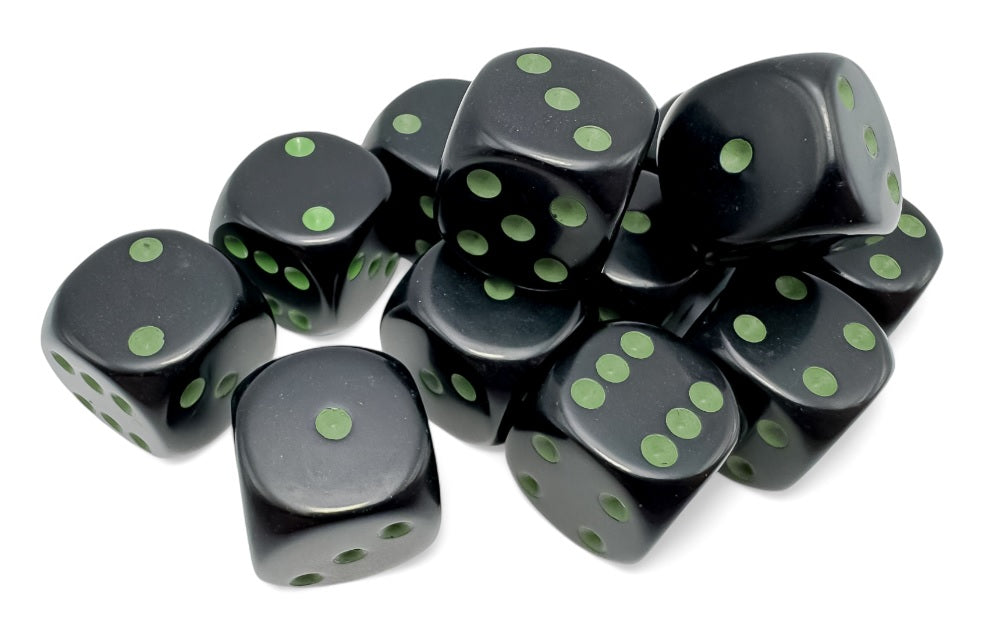 Opaque: 16mm d6 Black/green Dice Block (12)