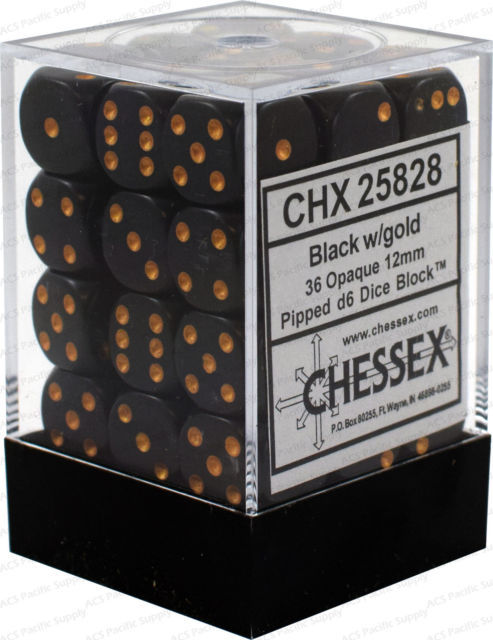 Opaque Black/gold 12mm d6 Dice Block (36 dice)