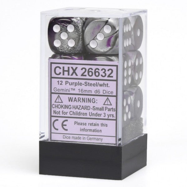 Gemini Purple-Steel/white 16mm d6 Dice Block (12 dice)