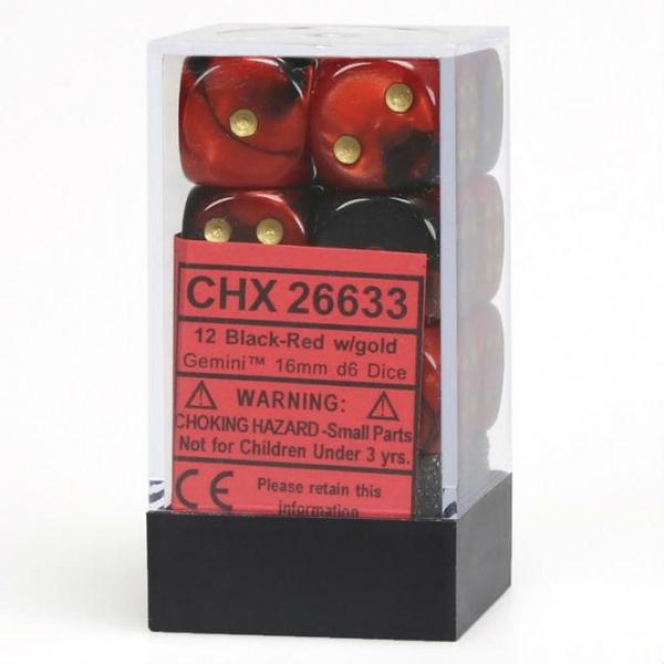 Gemini Black-Red/gold 16mm d6 Dice Block (12 dice)