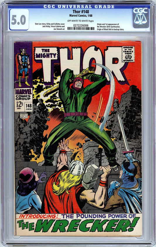 Thor #148.  1st Wrecker. Stan Lee and Jack Kirby.  CGC 5.0