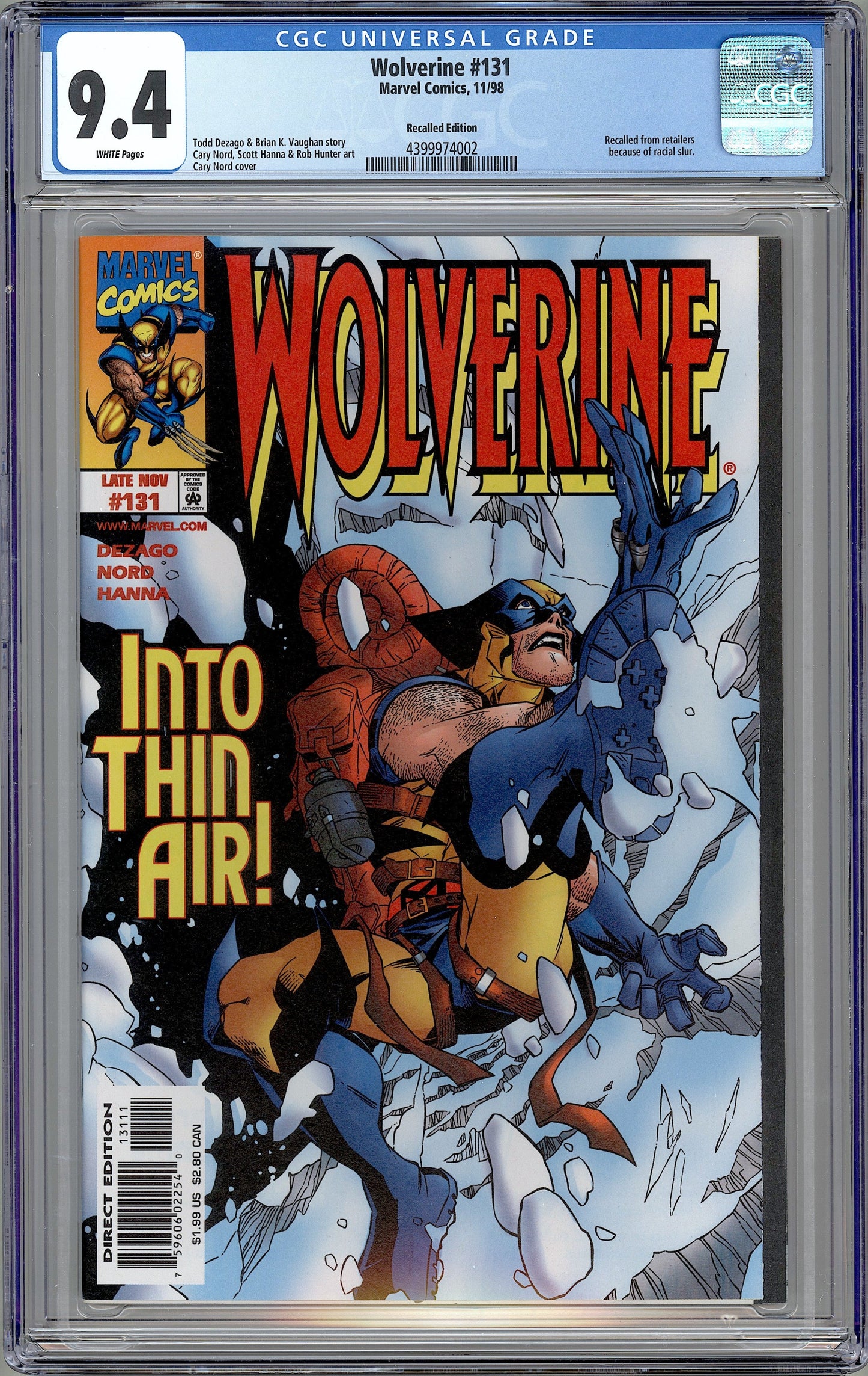 Wolverine #131. The Racial Slur Recalled Edition. CGC 9.4