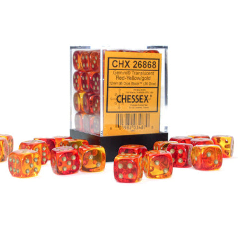 Gemini: 12mm d6 Translucent Red-Yellow/gold (36)