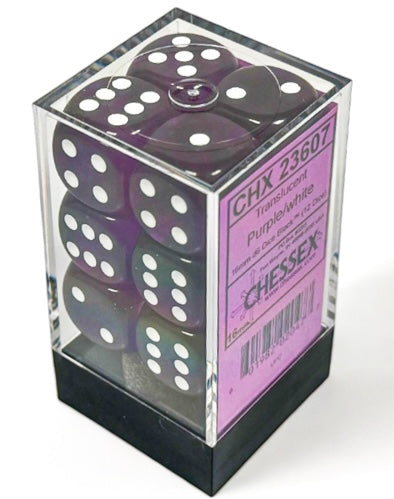 Translucent Purple/white 16mm d6 Dice Block (12 dice)