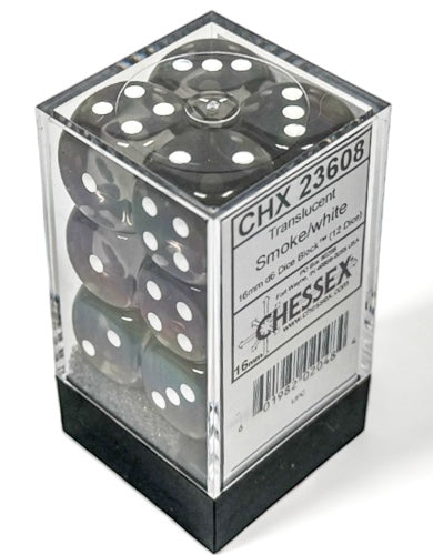 Translucent Smoke/white 16mm d6 Dice Block (12 dice)
