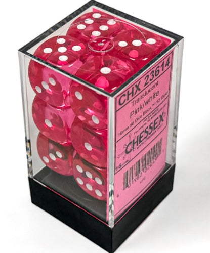 Translucent Pink/white 16mm d6 Dice Block (12 dice)