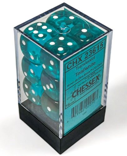 Translucent Teal/white 16mm d6 Dice Block (12 dice)