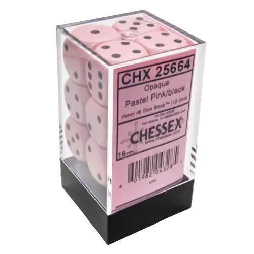 Opaque: 16mm d6 Pastel Pink/black Dice Block (12)