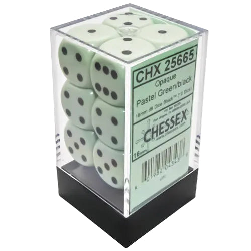 Opaque: 16mm d6 Pastel Green/black Dice Block (12)