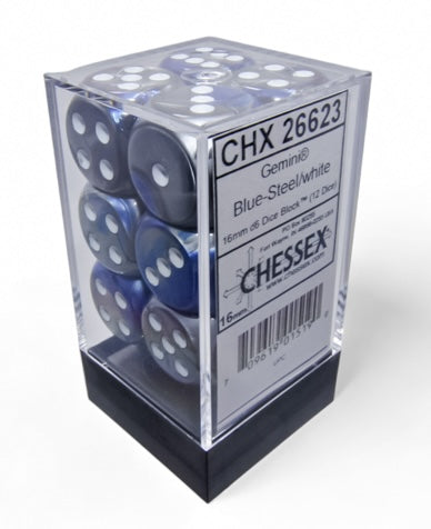 Gemini Blue-Steel/White 16mm d6 Dice Block (12 dice)