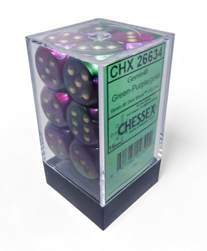 Gemini Green-Purple/gold 16mm d6 Dice Block (12 dice)