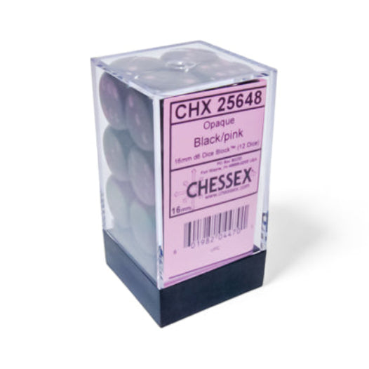 Opaque: 16mm d6 Black/pink Dice Block (12)