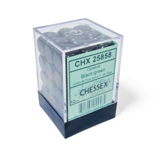 Opaque: Black/green 12mm d6 Dice Block (36)