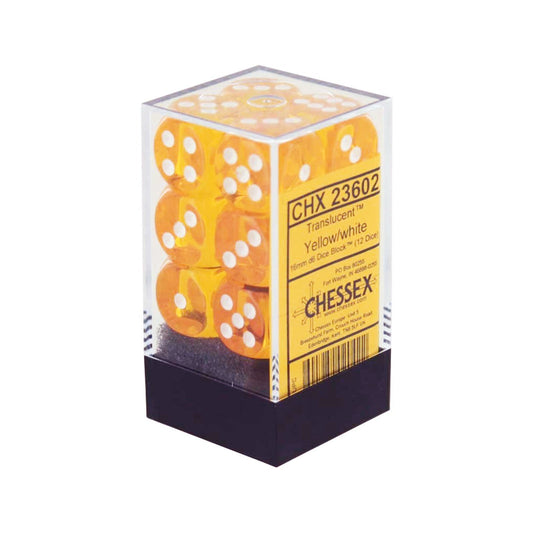 Translucent Yellow/white 16mm d6 Dice Block (12 dice)