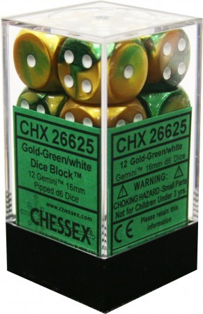 Gemini Gold-Green/White 16mm d6 Dice Block (12 dice)