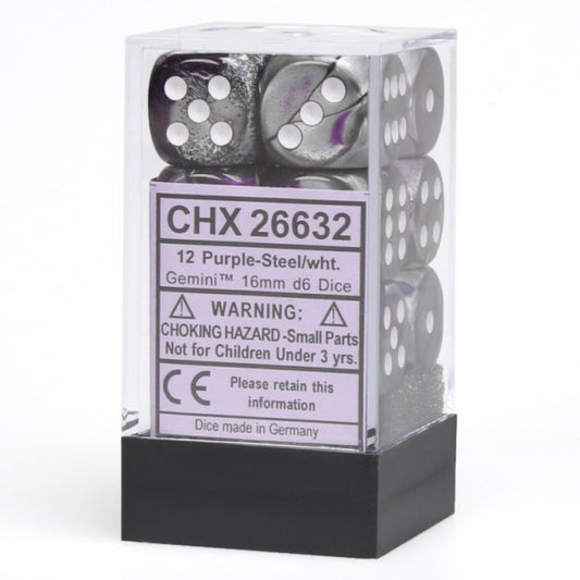 Gemini Purple-Steel/white 16mm d6 Dice Block (12 dice)