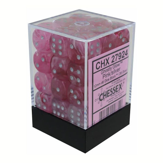 Ghostly Glow Pink/silver 12mm d6 Dice Block (36)
