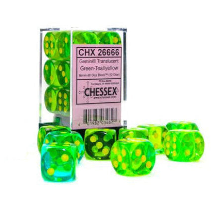 Gemini: 16mm d6 Translucent Green-Teal/yellow  (12)