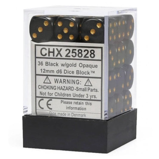 Opaque: Black/gold 12mm d6 Dice Block (36)