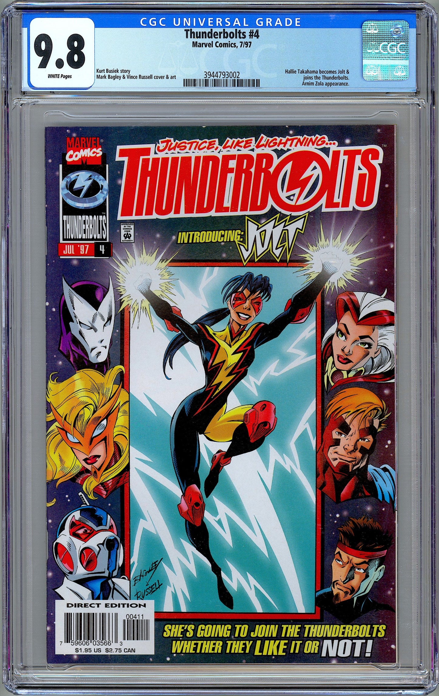 Thunderbolts #4  1st Jolt. Mark Bagley Cover & Art. CGC 9.8
